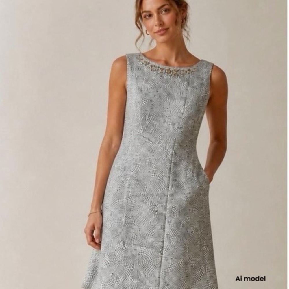 Tahari Arthur S Levine Ivory With Silver Pattern Dress Nwt Size 14 - Picture 8 of 8